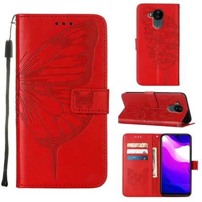Red leather phone case with embossed butterfly, magnetic wallet flap and card slots
