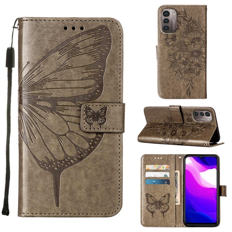 Embossed butterfly leather phone case with folio stand, grey with butterfly accent