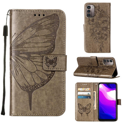 Embossed butterfly leather phone case with folio stand, grey with butterfly accent