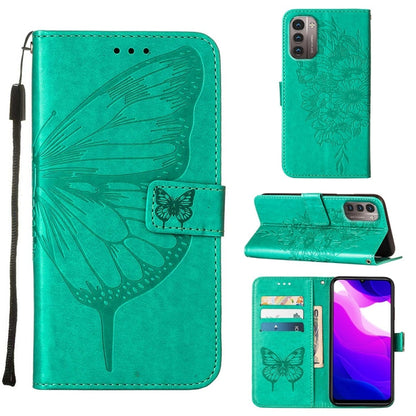 Green embossed butterfly leather phone case with flip cover and card pockets