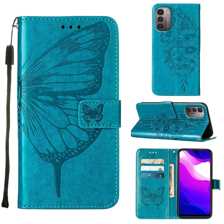 Teal embossed butterfly leather phone case with flip cover and card slots