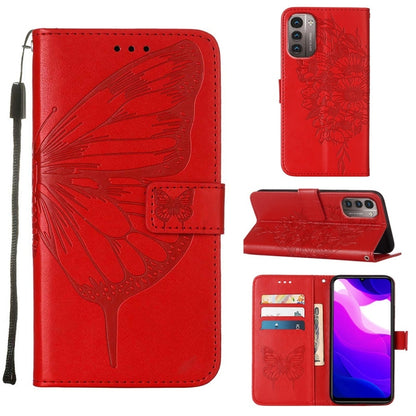 Red leather folio phone case with embossed butterfly, magnetic wallet flap and card slots