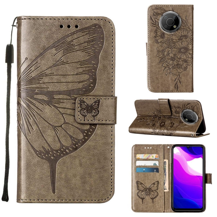 Embossed butterfly leather phone case with folio stand, grey and phone camera cutout
