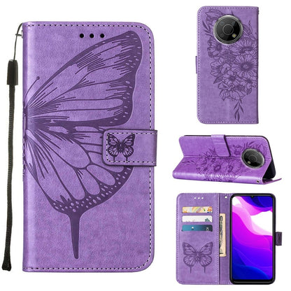 Embossed butterfly leather phone case with folio stand, purple and camera cutout