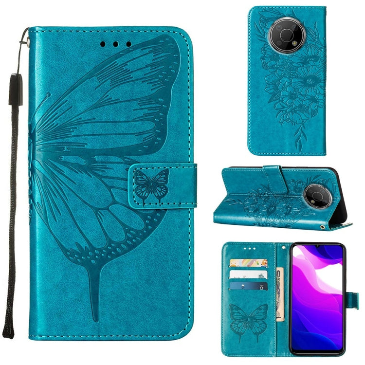 Teal embossed butterfly leather phone case with flip cover, card slots, magnetic ring