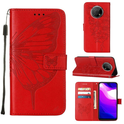 Red leather phone case with embossed butterfly, magnetic wallet flap, card slots and lens cutout