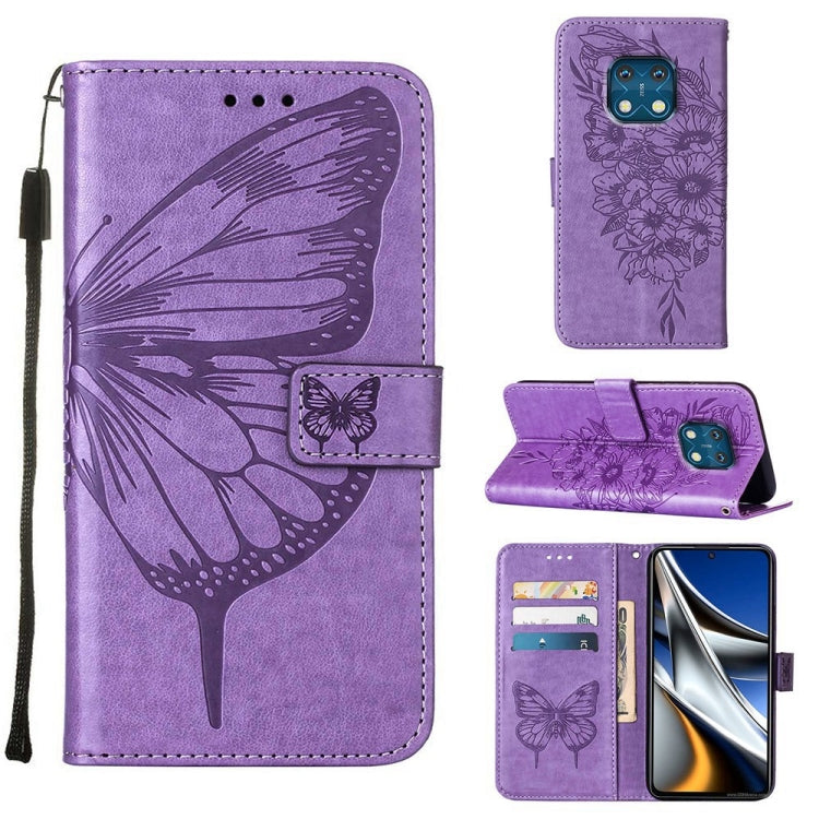 Purple embossed butterfly leather phone case with flip stand and card slots