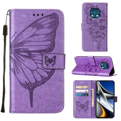 Purple embossed butterfly leather phone case with flip stand and card slots