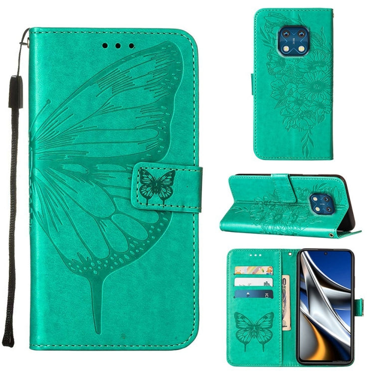 Green embossed butterfly leather phone case with side strap and card slots