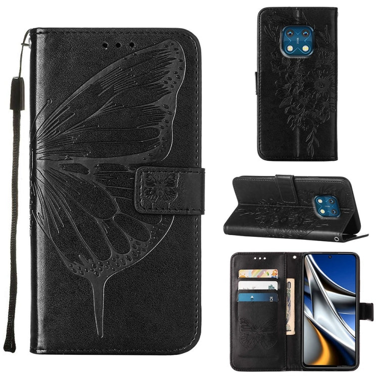 Black embossed butterfly leather phone case with flip cover and card holder pocket