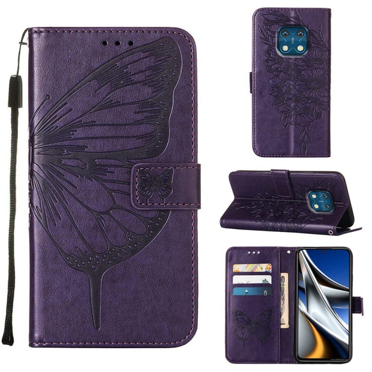 Purple embossed butterfly leather phone case with flip cover and built-in card slots