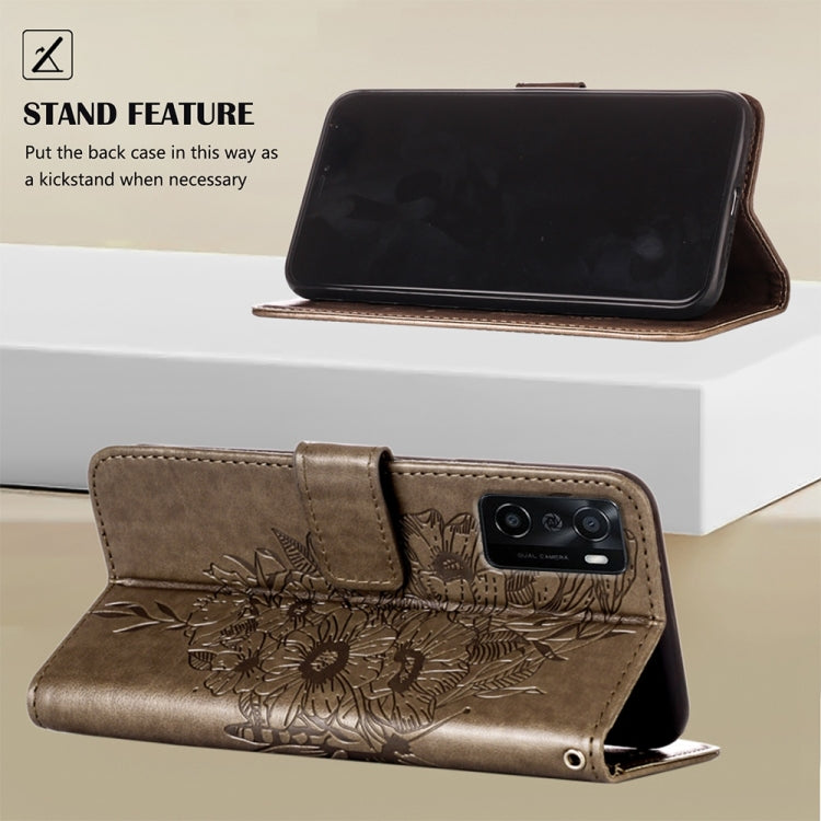 Embossed butterfly leather phone wallet case with stand, dark grey flip cover