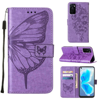 Embossed butterfly leather phone wallet case, light purple with flip cover and card slots