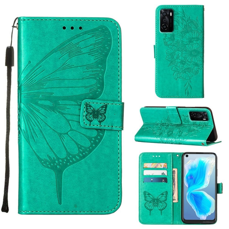 Embossed butterfly leather phone wallet case, green with flip cover and stand