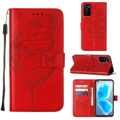 Red embossed butterfly leather phone case with flip cover, card slots, and strap