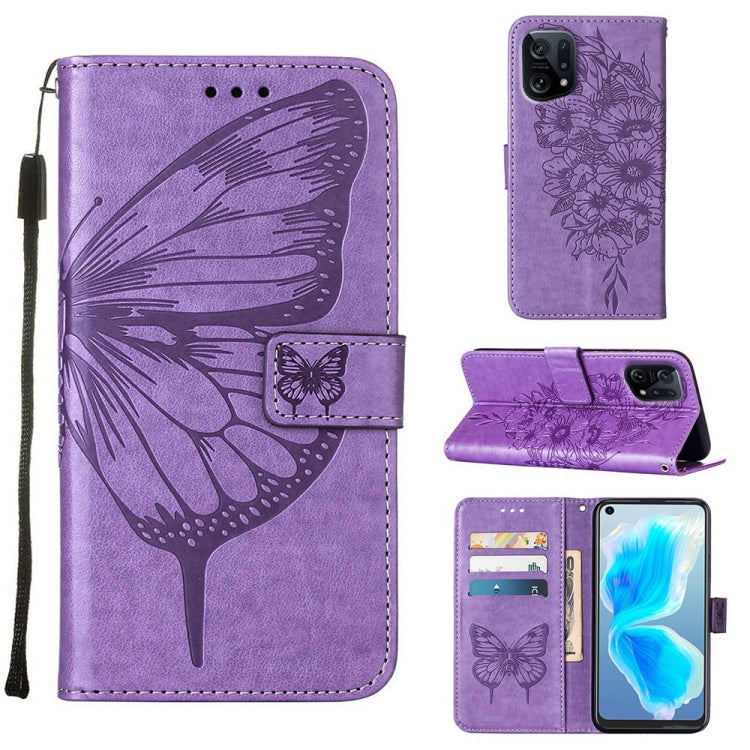 Purple embossed butterfly leather phone case with flip cover, card slots, and strap