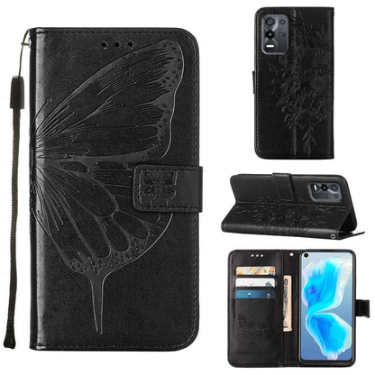 Embossed butterfly leather phone case, black; folio with card slots and stand