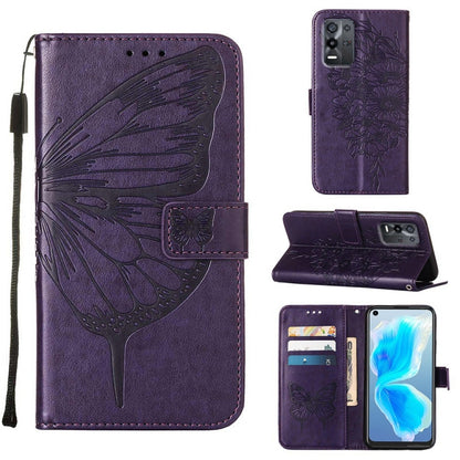 Embossed butterfly leather phone case, purple; folio with card slots and stand