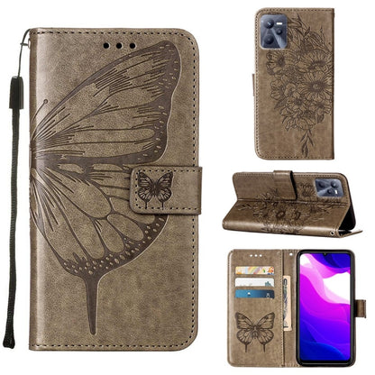 Embossed butterfly leather phone case, taupe; folio with card slots and stand
