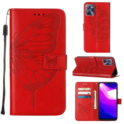 Butterfly embossed leather phone case in red, folio style with card slots and stand