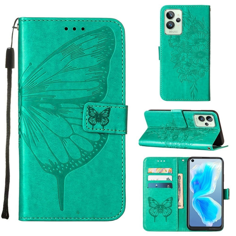 Butterfly embossed leather phone case in green, folio style with card slots and stand