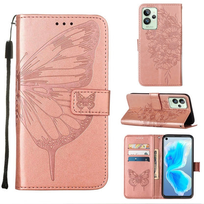 Butterfly embossed leather phone case in rose pink, folio style with card slots and stand