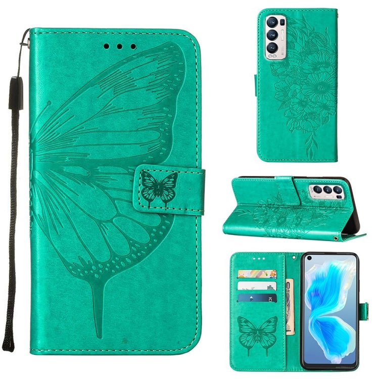 Green embossed butterfly leather folio phone case with card slots and flip stand
