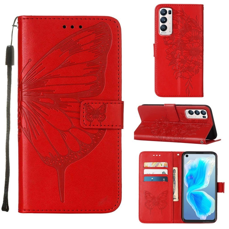 Red embossed butterfly leather folio phone case with card slots and flip stand