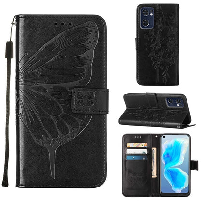 Black embossed butterfly leather phone wallet case with card slots and stand