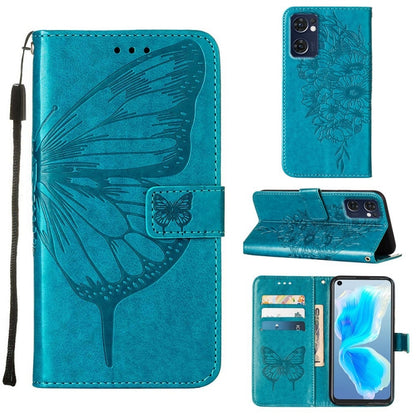 Teal embossed butterfly leather phone wallet case with card slots and stand