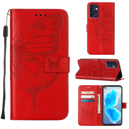 Red embossed butterfly leather phone wallet case with card slots and stand