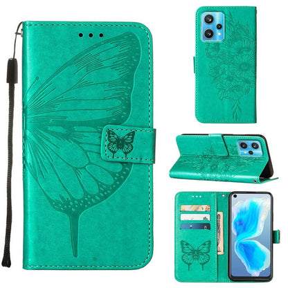 Teal embossed butterfly leather phone wallet case with card slots and stand