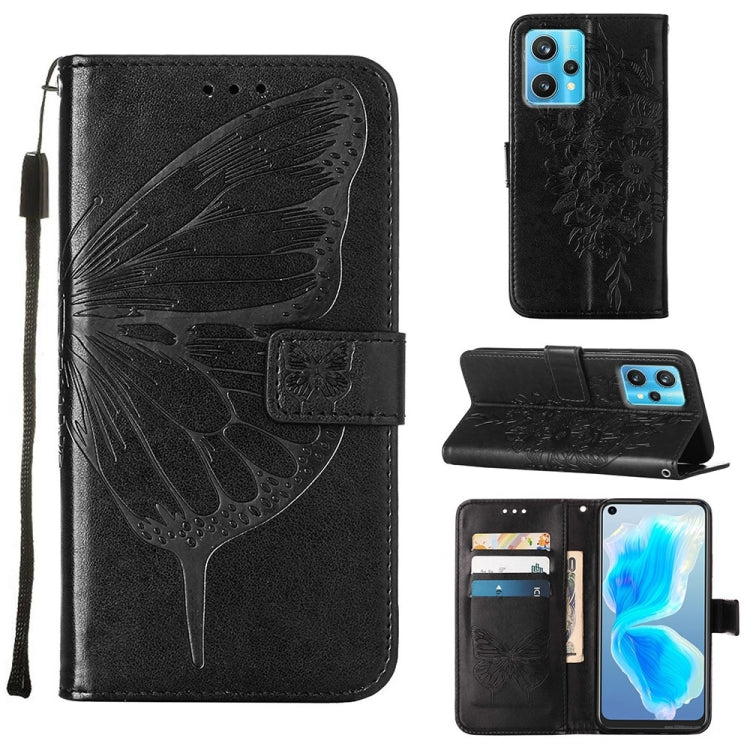 Embossed butterfly leather folio phone case in black, with wrist strap and card slots