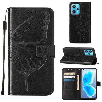 Embossed butterfly leather folio phone case in black, with wrist strap and card slots