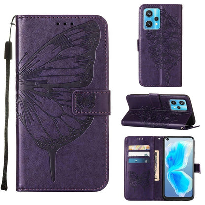 Embossed butterfly leather folio phone case in purple, with magnetic stand and card slots