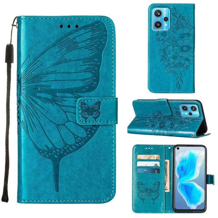 Embossed butterfly leather folio phone case in teal blue, with stand and card slots