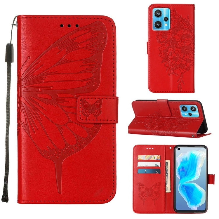 Embossed butterfly leather folio phone case in red, with magnetic stand and card slots