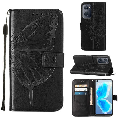 Embossed butterfly leather folio phone case in black, with magnetic stand and card slots
