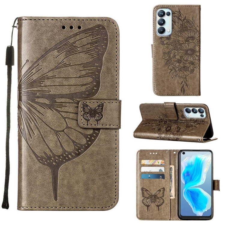 Grey embossed butterfly leather folio phone case with card holder and stand flap
