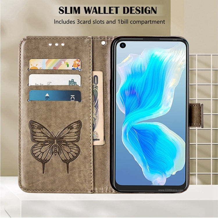 Grey slim wallet phone case with embossed butterfly, card slots, and 1 bill compartment