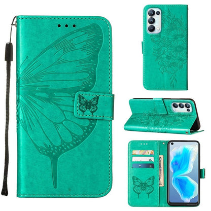 Green embossed butterfly leather wallet phone case with card slots and flip stand