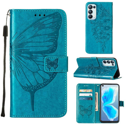 Blue embossed butterfly leather folio phone case with card slots and flip kickstand