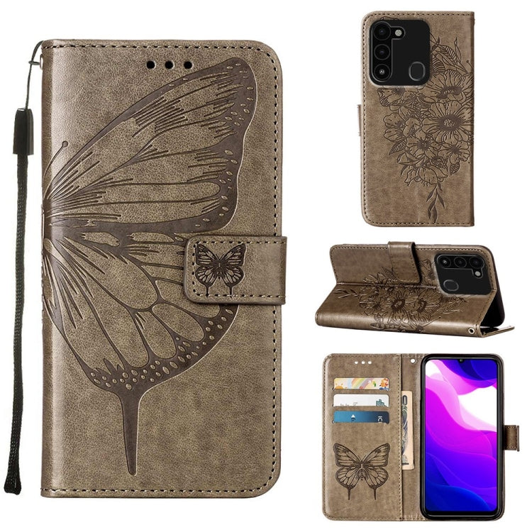 Grey embossed butterfly leather phone case with folio wallet and kickstand