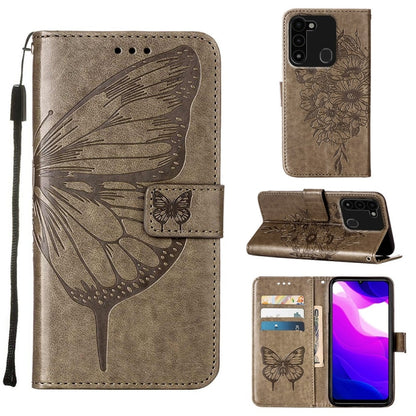 Grey embossed butterfly leather phone case with folio wallet and kickstand