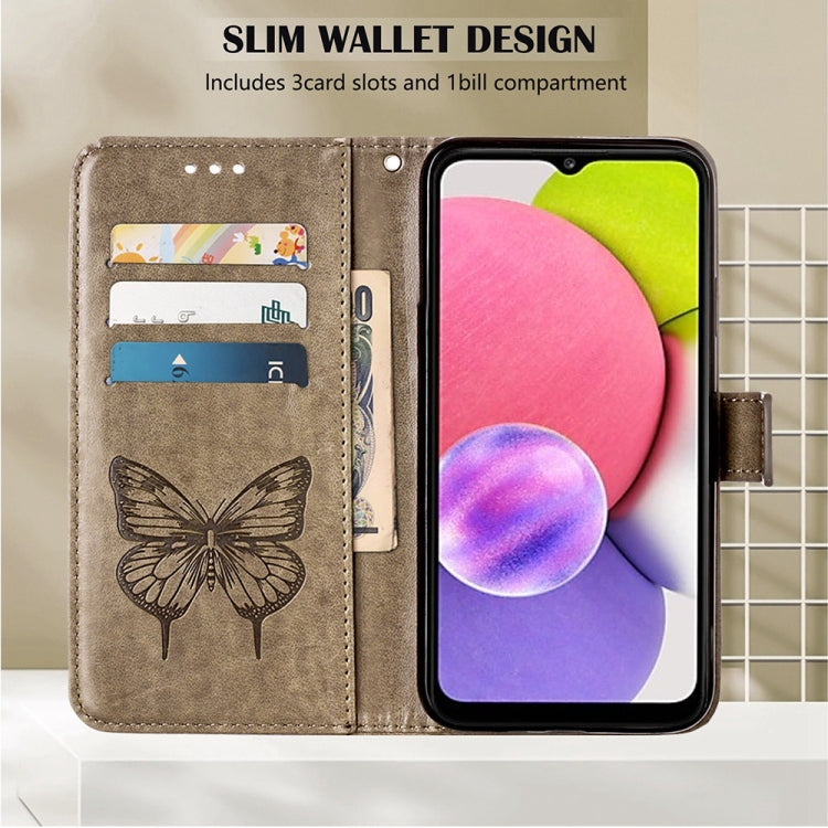 Taupe slim wallet phone case with embossed butterfly, card slots, and bill compartment