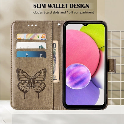 Taupe slim wallet phone case with embossed butterfly, card slots, and bill compartment