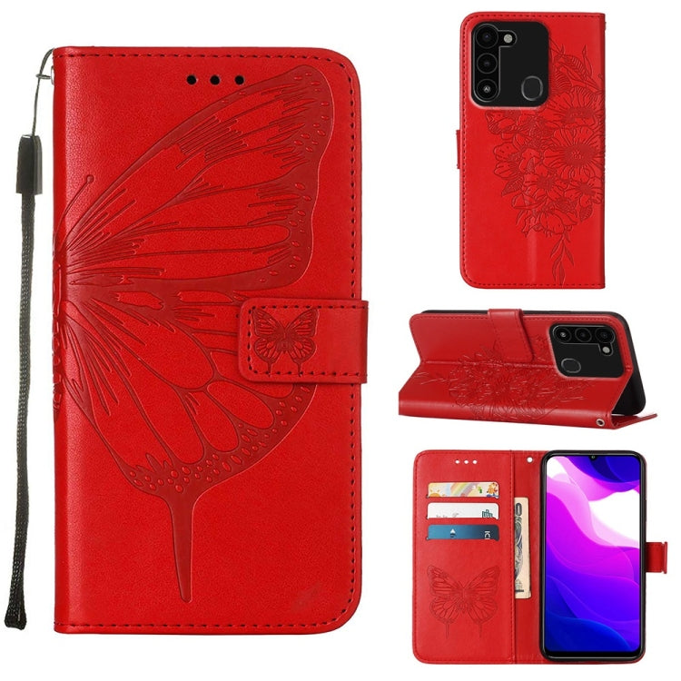 Red embossed butterfly leather folio phone case with card slots and stand