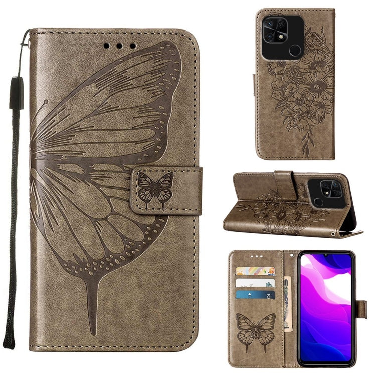 Embossed butterfly leather phone case with flip cover and card slots, tan.