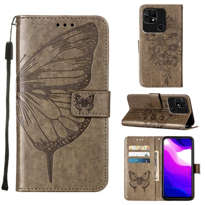 Embossed butterfly leather phone case with flip cover and card slots, tan.