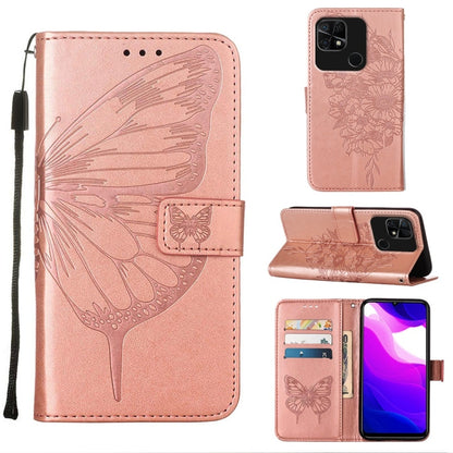 Pink embossed butterfly leather phone case with flip cover and card slots.